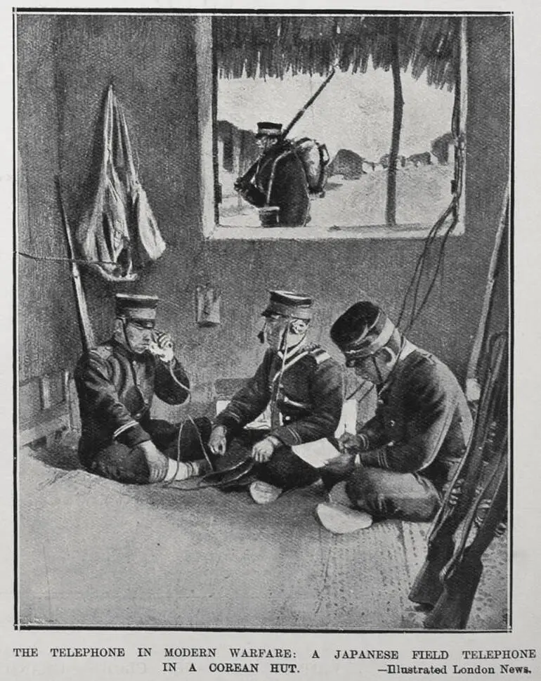 Image: THE TELEPHONE IN MODERN WARFARE: A JAPANESE FIELD TELEPHONE IN A COREAN HUT
