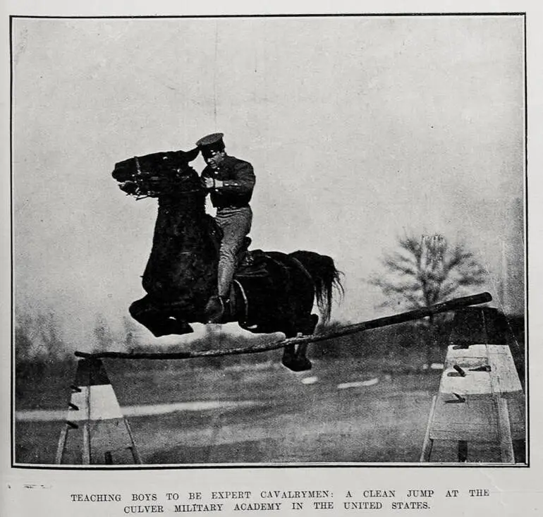 Image: TEACHING BOYS TO BE EXPERT CAVALRYMEN: A CLEAN JUMP AT THE CULVER MILITARY ACADEMY IN THE UNITED STATES