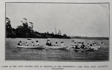 Image: LADIES OF THE LEVIN BOATING CLUB IN TRAINING ON THE HOROWHENUA LAKE, NEAR LEVIN, MANAWATU, WELLINGTON