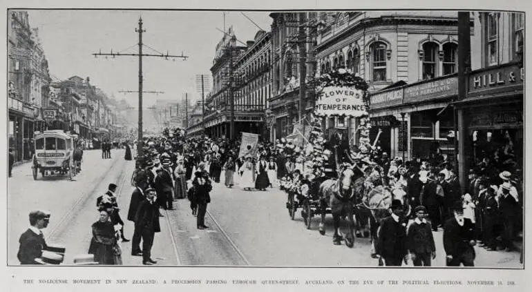 Image: THE NO-LICENSE MOVEMENT IN NEW ZEALAND: A PROCESSION PASSING THROUGH QUEE-STREET, AUCKLAND, ON THE EVE OF THE POLITICAL ELECTIONS, NOVEMBER 14, 1908