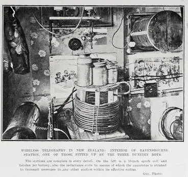 Image: WIRELESS TELEGRAPHY IN NEW ZEALAND: INTERIOR OF RAVENSBOURNE STATIO, ONE OF THOSE FITTED UP BY THE THREE DUNEDIN BOYS
