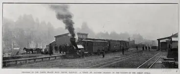 PROGRESS OF THE NORTH ISLAND MAIN TRUNK RAILWAY: A TRAIN AT RAURIMU STATION, IN THE VICINITY OF THE GREAT SPIRAL Image: PROGRESS OF THE NORTH ISLAND MAIN TRUNK RAILWAY: A TRAIN AT RAURIMU STATION, IN THE VICINITY OF THE GREAT SPIRAL