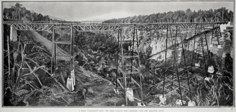 Image: A GREAT ENGINEERING FEAT: THE STEEL VIADUCT JUST COMPLETED OVER THE MAKATOTE GORGE
