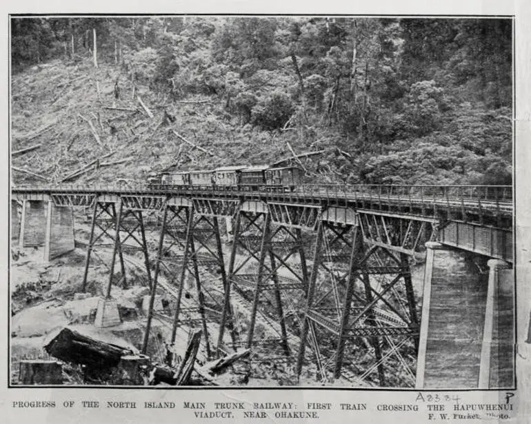 Image: PROGRESS OF THE NORTH ISLAND MAIN TRUNK RAILWAY: FIRST TRAIN CROSSING THE HAPUWHENUI VIADUCT, NEAR OHAKUNE