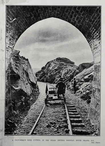 Image: A PICTURESQUE ROCK CUTTING ON THE OTAGO CENTRAL RAILWAY, SOUTH ISLAND, N.Z.