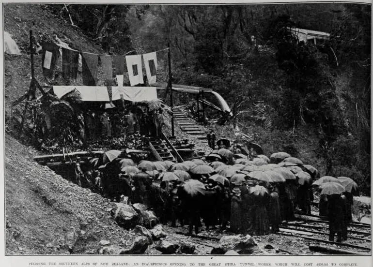 Image: PIERCING THE SOUTHERN ALPS OF NEW ZEALAND: AN INAUSPICIOUS OPENING TO THE GREAT OTIRA TUNNEL WORKS, WHICH WILL COST £600,000 TO COMPLETE