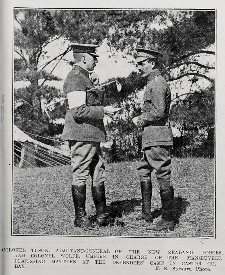 Image: COLONEL TUSON, ADJUTANT-GENERAL OF THE NEW ZEALAND FORCES, AND COLONEL WOLFE, UMPIRE IN CHARGE OF THE MANOEUVRES