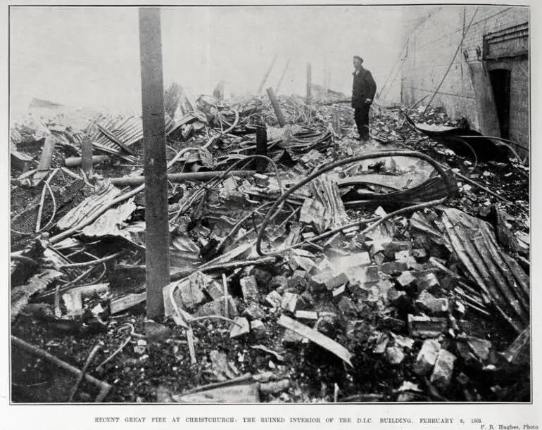 Image: RECENT GREAT FIRE AT CHRISTCHURCH: THE RUINED INTERIOR OF THE D.I.C. BUILDING, FEBRUARY 6, 1908