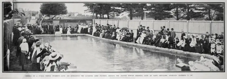 Image: Opening of a public school swimming bath. His Excellency the Governor Lord Plunket, opening the Jeannie Fowlds Memorial Bath at Point Chevalier, Auckland, December 23, 1907
