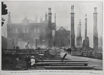 Image: A REAR VIEW OF THE PARLIAMENTARY BUILDINGS AFTER THE FIRE, SHOWING THE ONLY PORTION LEFT STANDING, TO THE LEFT OF THE PICTURE
