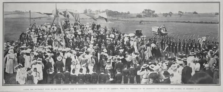 Image: LAYING THE FOUNDATION STONE OF THE NEW ORPHANS' HOME AT PAPATOETOE, AUCKLAND: VIEW OF THE CEREMONY, WHICH WAS PERFORMED BY HIS EXCELLENCY THE GOVERNOR, LORD PLUNKET, ON DECEMBER 12, 1907