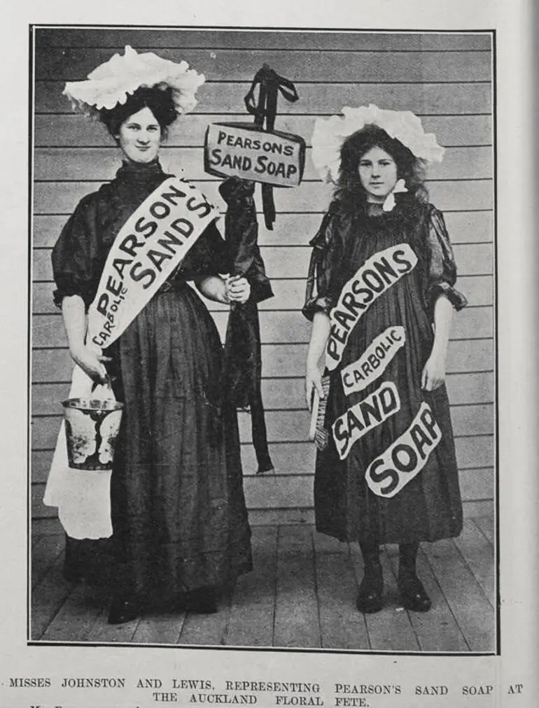 Image: MISSES JOHNSTON AND LEWIS, REPRESENTING PEARSON'S SAND SOAP AT THE AUCKLAND FLORAL FETE