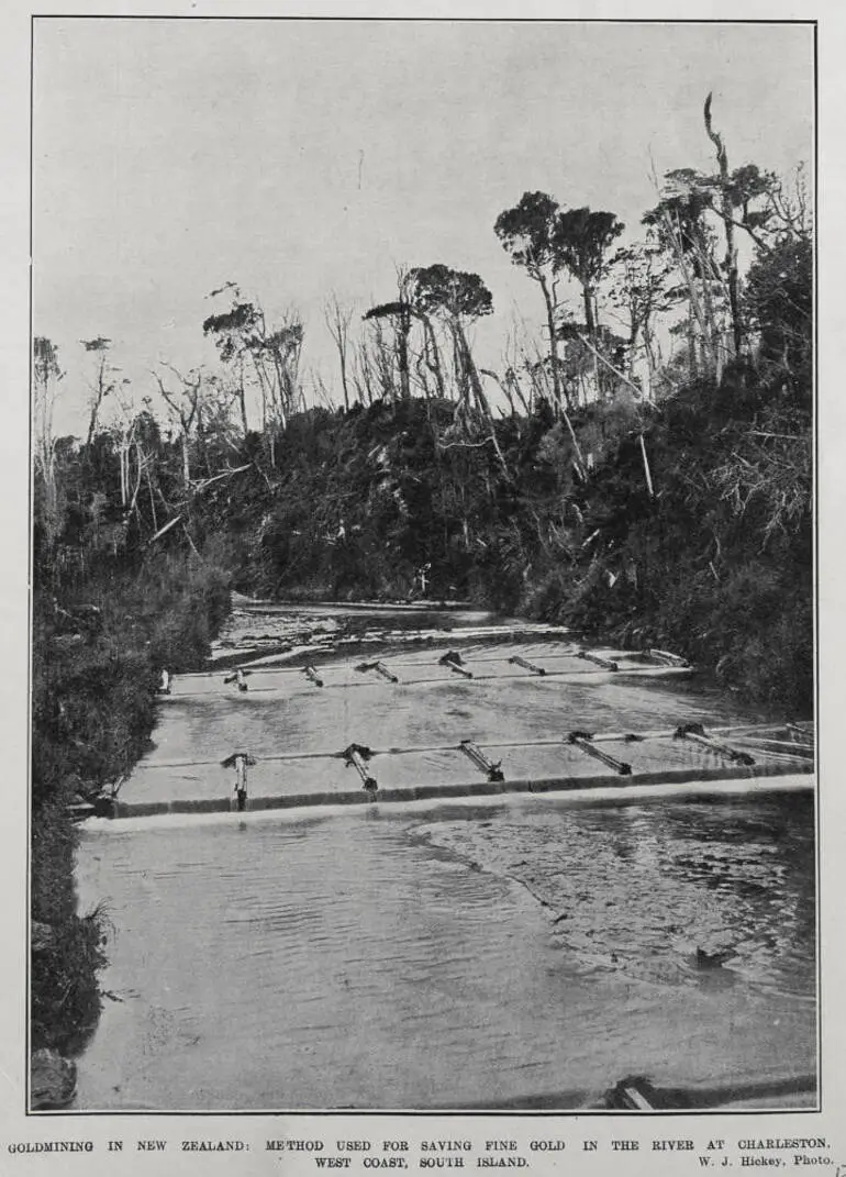 Image: GOLDMINING IN NEW ZEALAND: METHOD USED FOR SAVING FINE GOLD IN THE RIVER AT CHARLESTON, WEST COAST, SOUTH ISLAND