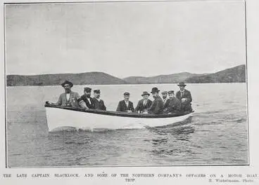 Image: THE LATE CAPTAIN BLACKLOCK, AND SOME OF THE NORTHERN COMPANY'S OFFICERS ON A MOTOR BOAT TRIP