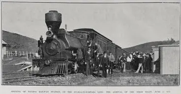 Image: OPENING OF TAUHOA RAILWAY STATION, ON THE AUCKLAND KAIPARA LINE: THE ARRIVAL OF THE FIRST TRAIN, JUNE 10, 1907