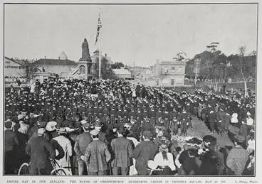Image: EMPIRE DAY IN NEW ZEALAND: THE MAYOR OF CHRISTCHURCH ADDRESSING CADETS IN VICTORIA SQUARE, MAY 24, 1907