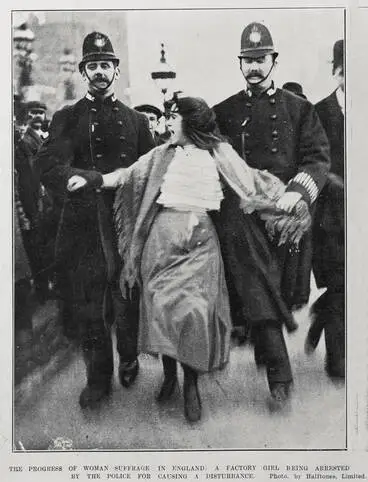 Image: THE PROGRESS OF WOMAN SUFFRAGE IN ENGLAND: A FACTORY GIRL BEING ARRESTED BY THE POLICE FOR CAUSING A DISTURBANCE
