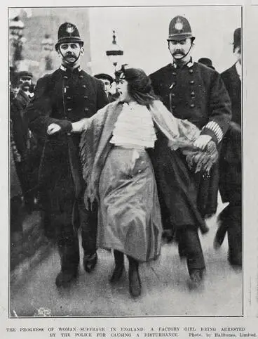 THE PROGRESS OF WOMAN SUFFRAGE IN ENGLAND: A FACTORY GIRL BEING ARRESTED BY THE POLICE FOR CAUSING A DISTURBANCE Image: THE PROGRESS OF WOMAN SUFFRAGE IN ENGLAND: A FACTORY GIRL BEING ARRESTED BY THE POLICE FOR CAUSING A DISTURBANCE
