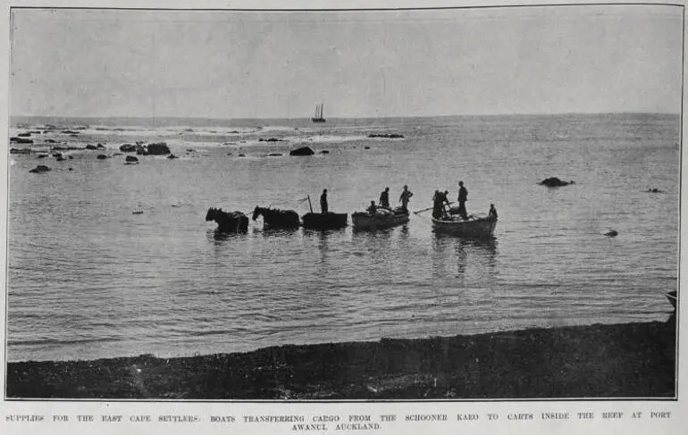 Image: SUPPLIES FOR THE EAST CAPE SETTLERS: BOATS TRANSFERRING CARGO FROM THE SCHOONER KAEO TO CARTS INSIDE THE REEF AT PORT AWANUI, AUCKLAND