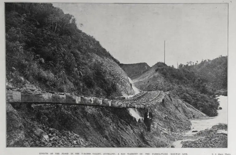 Image: EFFECTS OF THE FLOOD IN THE THAMES VALLEY, AUCKLAND: A BAD WASHOUT ON THE PAEROA-WAIHI RAILWAY LINE