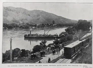 Image: THE SUSPENDED WAIKATO TRAIN SERVICE: THE RIVER STEAMER FREETRADER LEAVING TAUPIRI WITH PASSENGERS FOR POKENO