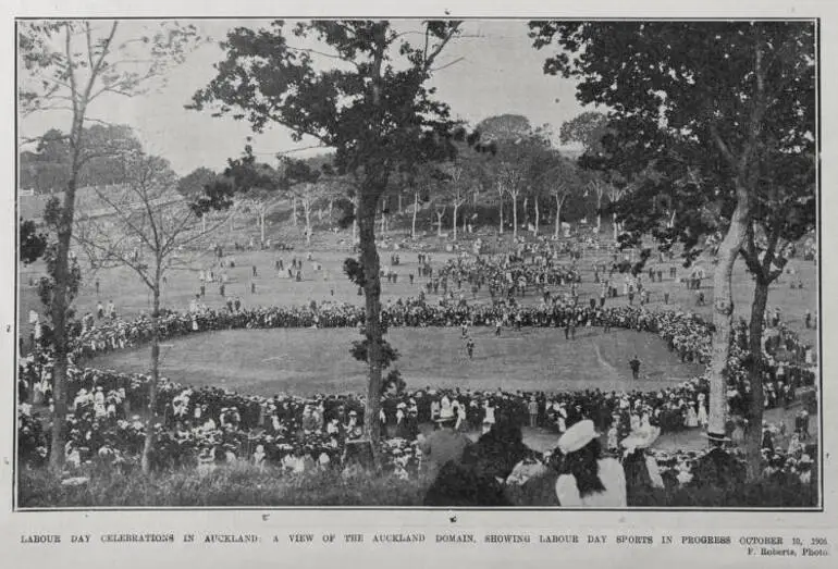 Image: LABOUR DAY CELEBRATION IN AUCKLAND: A VIEW OF THE AUCKLAND DOMAIN, SHOWING LABOUR DAY SPORTS IN PROGRESS OCTOBER 10, 1906