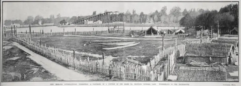 Image: NEW ZEALAND'S INTERNATIONAL EXHIBITION: A PANORAMA OF A PORTION OF THE MAORI PA, FRONTING VICTORIA LAKE, WONDERLAND IN THE BACKGROUND