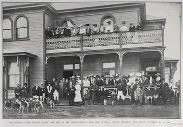Image: THE OPENING OF THE HUNTING SEASON: THE MEET OF THE EGMONT-WANGANUI HUNT CLUB AT MR. A. HIGGIE'S RESIDENCE, BLINK BONNIE, WANGANUI, MAY 5, 1906