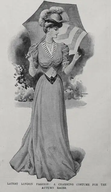 LATEST LONDON FASHION: A CHARMING COSTUME FOR THE AUTUMN RACES Image: LATEST LONDON FASHION: A CHARMING COSTUME FOR THE AUTUMN RACES