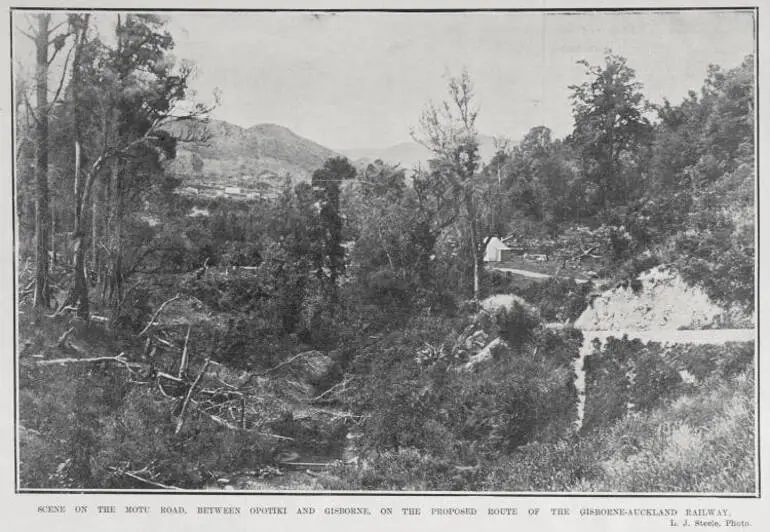 Image: SCENE ON THE MOTU ROAD, BETWEEN OPOTIKI AND GISBORNE, ON THE PROPOSED ROUTE OF THE GISBORNE-AUCKLAND RAILWAY