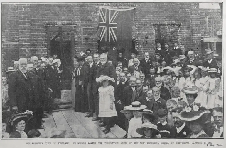 Image: THE PREMIER'S TOUR OF WESTLAND: MR. SEDDON LAYING THE FOUNDATION STONE OF THE NEW TECHNICAL SCHOOL AT GREYMOUTH, JANUARY 18, 1906