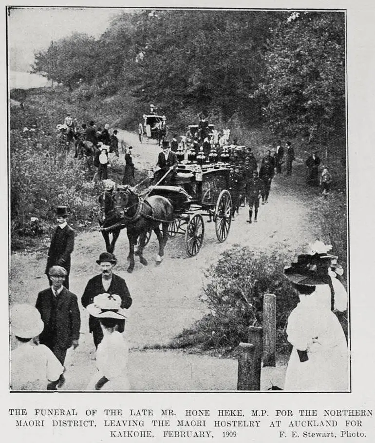 Image: The Funeral Of The Late Mr. Hone Heke, M.P. For The Northern Māori District, Leaving The Māori Hostelry At Auckland For Kaikohe, February, 1909