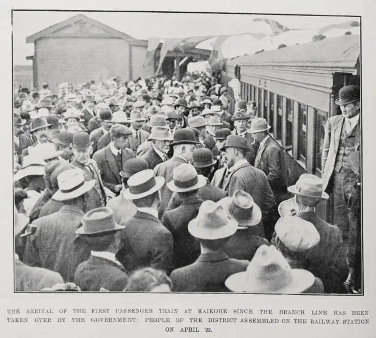 Image: The arrival of the first passenger train at Kaikohe since the branch line has been taken over by the Government