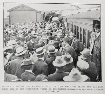 Image: The arrival of the first passenger train at Kaikohe since the branch line has been taken over by the Government