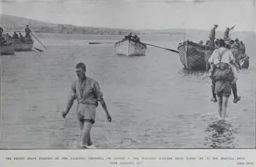 Image: The recent heavy fighting on the Gallipoli Peninsula on August 6: The wounded soldiers being taken off to the hospital ships from Anafarta Bay