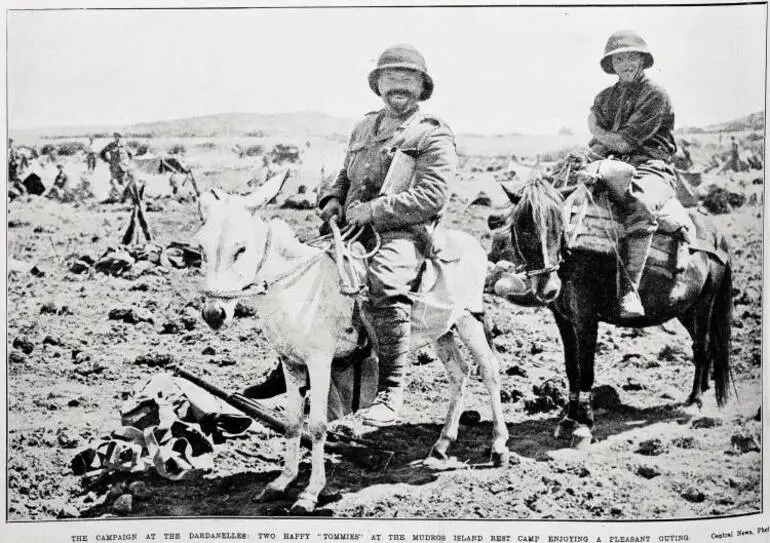 Image: The campaign at the Dardanelles: two happy 'Tommies' at the Mudros Island rest camp enjoying a pleasant outing