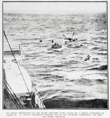 Image: The tragic destruction of the Elder Dempster liner Falaba by a German submarine on March 18: an actual photograph showing two of the life boats overturned, and men and women drowning