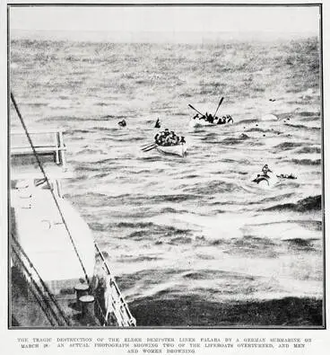 The tragic destruction of the Elder Dempster liner Falaba by a German submarine on March 18: an actual photograph showing two of the life boats overturned, and men and women drowning Image: The tragic destruction of the Elder Dempster liner Falaba by a German submarine on March 18: an actual photograph showing two of the life boats overturned, and men and women drowning
