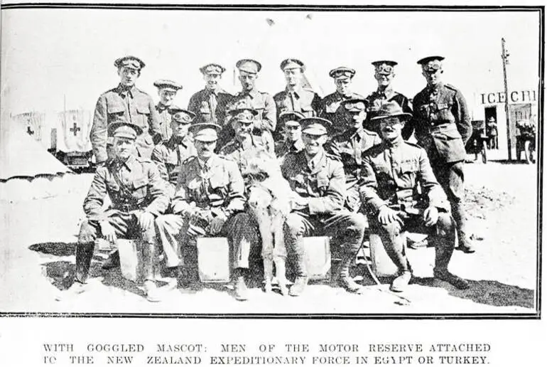 Image: With goggled mascot: men of the motor reserve attached to the New Zealand Expeditionary Force in Egypt or Turkey