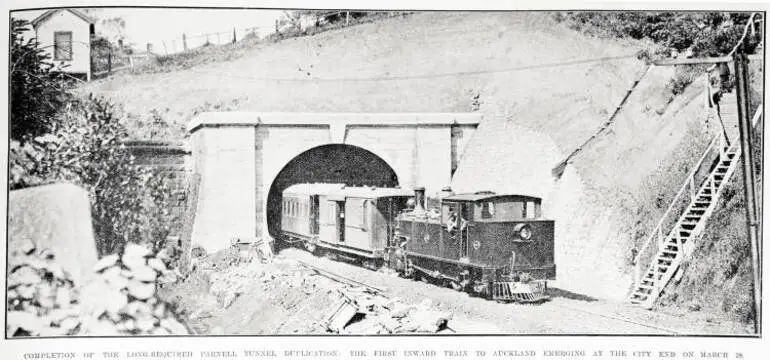 Image: Completion of the long-required Parnell Tunnel duplication: The first inward train to Auckland emerging at the city end on 28 March