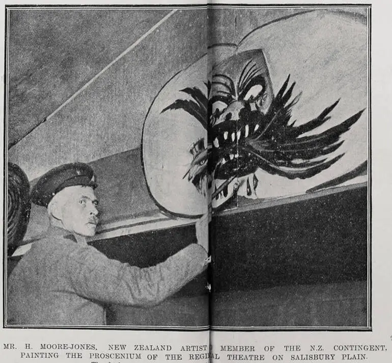 Image: Mr H. Moore-Jones, New Zealand artist and member of the New Zealand Contingent, painting the proscenium of the regimental theatre on Salisbury Plain