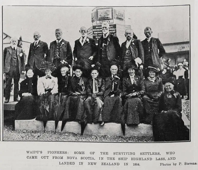 Image: Waipu's pioneers: some of the surviving settlers, who came out from Nova Scotia, in the shop Highland Lass, and landed in New Zealand in 1854