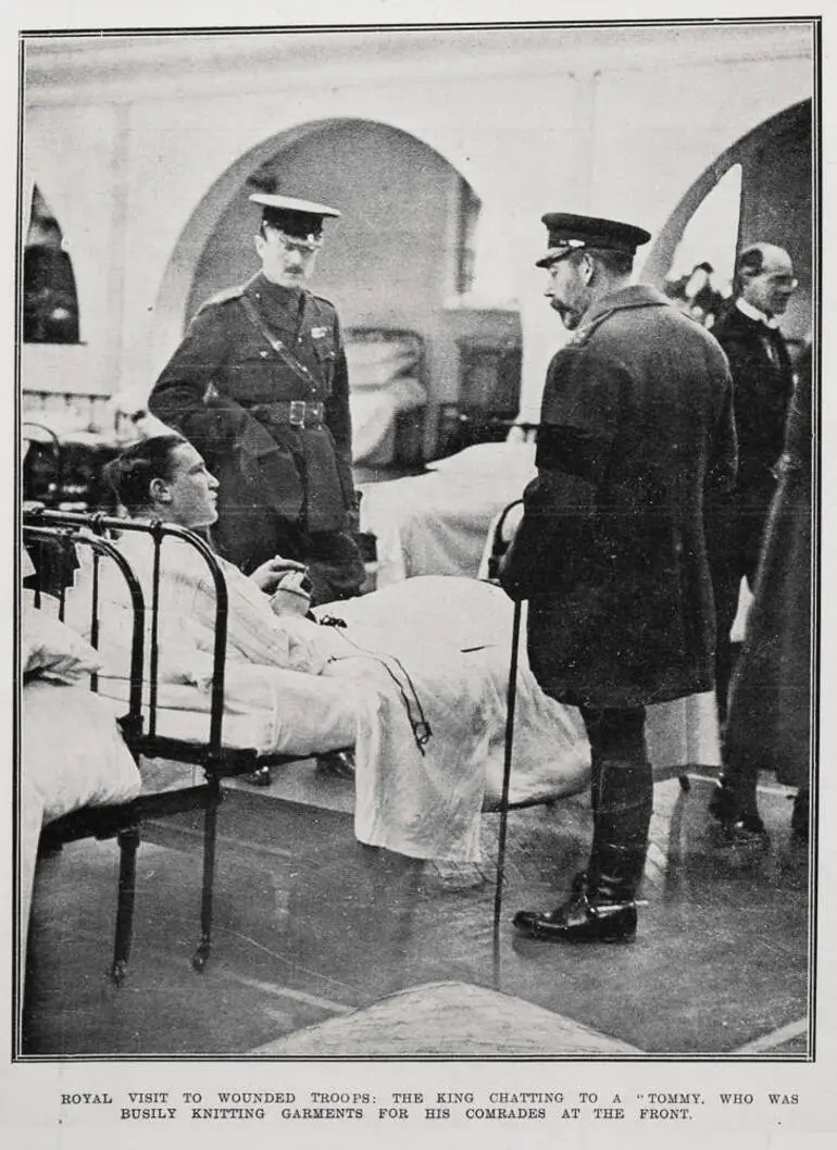 Image: Royal visit to wounded troops: the King chatting to a 'Tommy', who was busily knitting garments for his comrades at the front