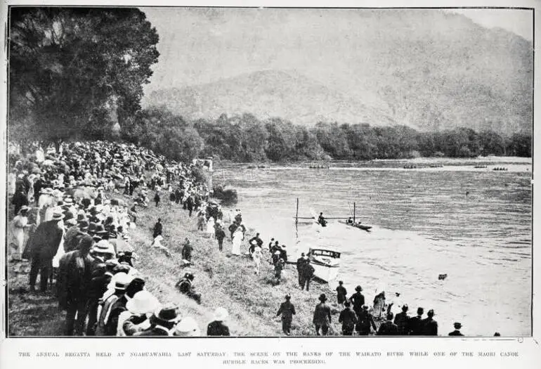 Image: The annual regatta held at Ngaruawahia last Saturday: the scene on the banks of the Waikato River while one of the Māori canoe hurdle races was proceeding