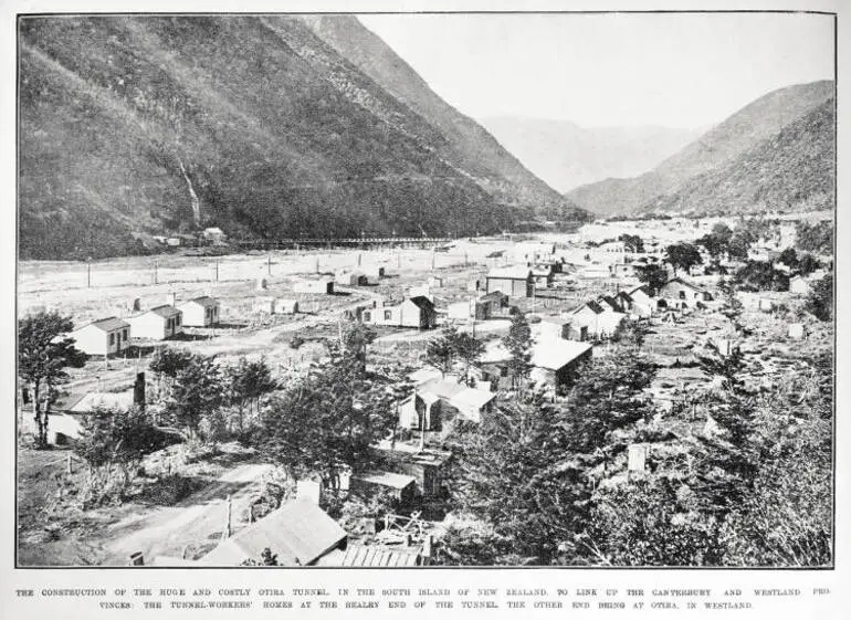 Image: The construction of the huge and costly Otira Tunnel in the South Island of New Zealand to link up the Canterbury and Westland Provinces: the tunnel-workers' homes at the Bealey end of the tunnel, the other end being at Otira in Westland