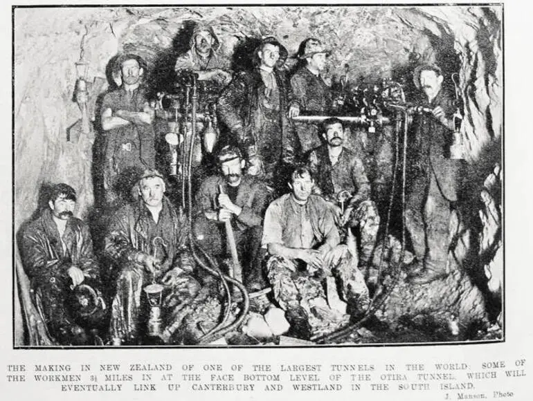 Image: The making in New Zealand of one of the largest tunnels in the world : some of the workmen 3 1/2 miles in at the face bottom level of the Otira Tunnel, which will eventually link up Canterbury and Westland in the South Island