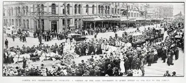 Labour Day celebrations in Auckland: a portion of the long procession in Queen Street Image: Labour Day celebrations in Auckland: a portion of the long procession in Queen Street