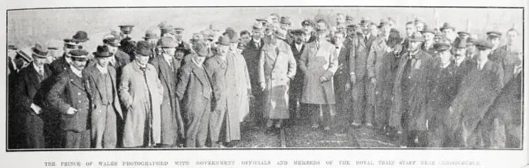 Image: The Prince of Wales photographed with Government officials and members of the Royal Train staff near Christchurch