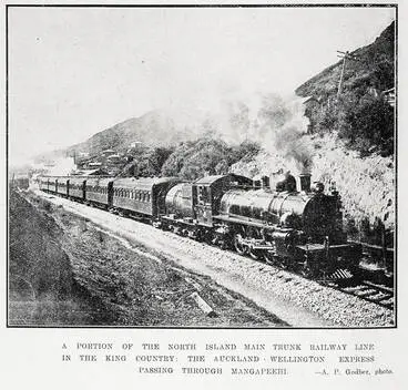 A portion of the North Island main trunk railway line in the King Country: the Auckland - Wellington Express passing through Mangapeehi Image: A portion of the North Island main trunk railway line in the King Country: the Auckland - Wellington Express passing through Mangapeehi