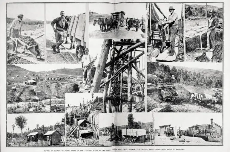 Image: Revival of activity on public works in New Zealand: scenes on the North Auckland main trunk railway, near Huarau, about twenty miles south of Whangarei